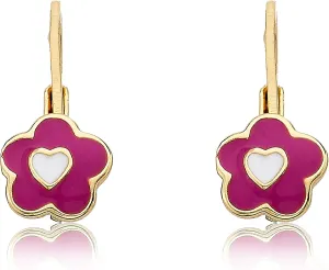 Kids Earrings - 14k Gold Plated Flowers With Heart in Center Leverback Earrings - Hypoallergenic and Nickel Free for Sensitive Ears