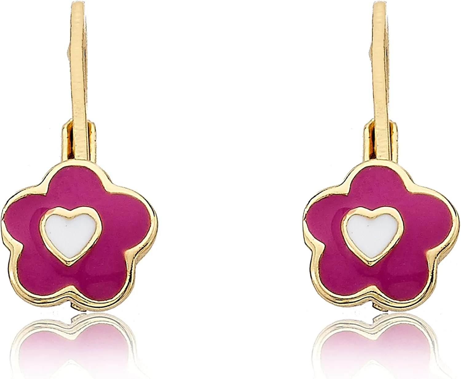 Kids Earrings - 14k Gold Plated Flowers With Heart in Center Leverback Earrings - Hypoallergenic and Nickel Free for Sensitive Ears