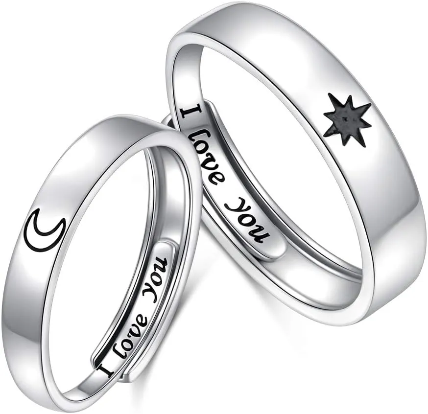 Ladytree 925 Sterling Silver Adjustable Rings Couples Promise Engagement Rings for Him and Her Set Sun and Moon I Love You Rings 2PCS