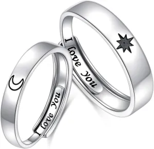 Ladytree 925 Sterling Silver Adjustable Rings Couples Promise Engagement Rings for Him and Her Set Sun and Moon I Love You Rings 2PCS