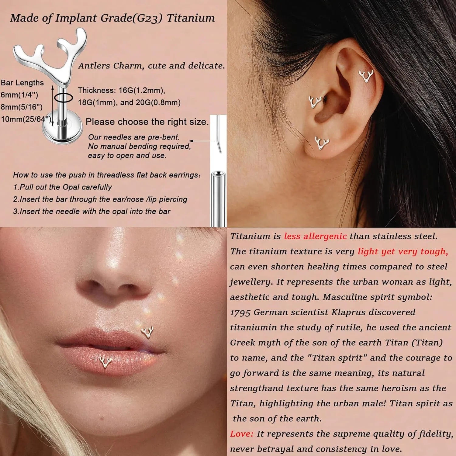 Lantine Antlers Heart Lightning Lip Labret Medusa Monroe Helix Daith Cartilage Conch 2nd 3rd Lobe Piercing Jewelry Implant Grade Titanium Cz Push in Flat Back Stud Earrings