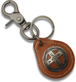 Leather Keychain with Heavy Duty Clip - Cross Concho - Drawstring Bag - 4.5 in Long