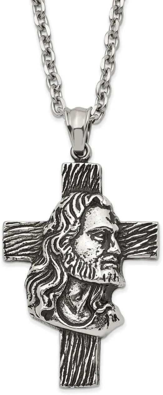 Lex & Lu Stainless Steel Antiqued and Polished Jesus Cross Pendant Necklace