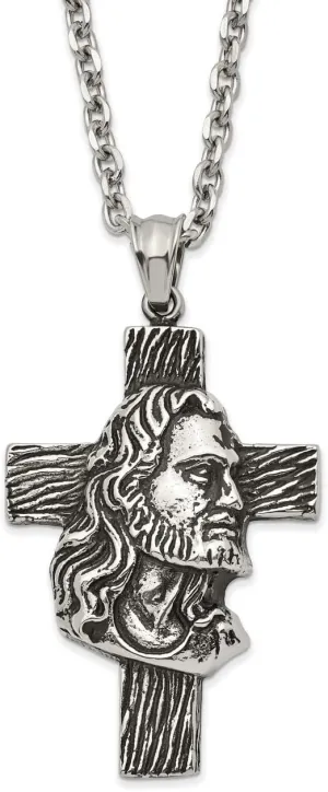 Lex & Lu Stainless Steel Antiqued and Polished Jesus Cross Pendant Necklace