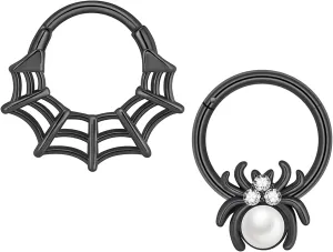 Longbeauty 16G Septum Ring Spider Cobweb Surgical Steel Clicker Nose Rings Hoops Conch Daith Helix Cartilage Earrings Piercing Jewelry Black Silver