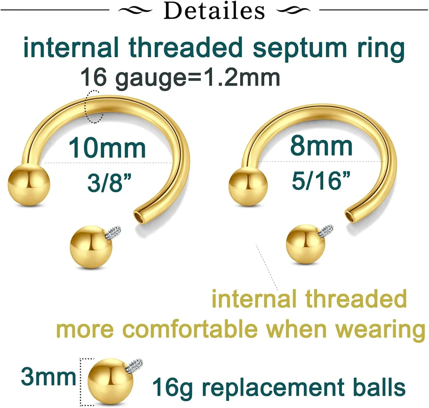 Longita Internally Threaded Septum Ring Silver Black Gold Septum Rings 16G Septum Piercing Surgical Steel Septum Jewelry Septum Nose Rings 16 Gauge Small Septum Ring Horseshoe with Replacement Balls
