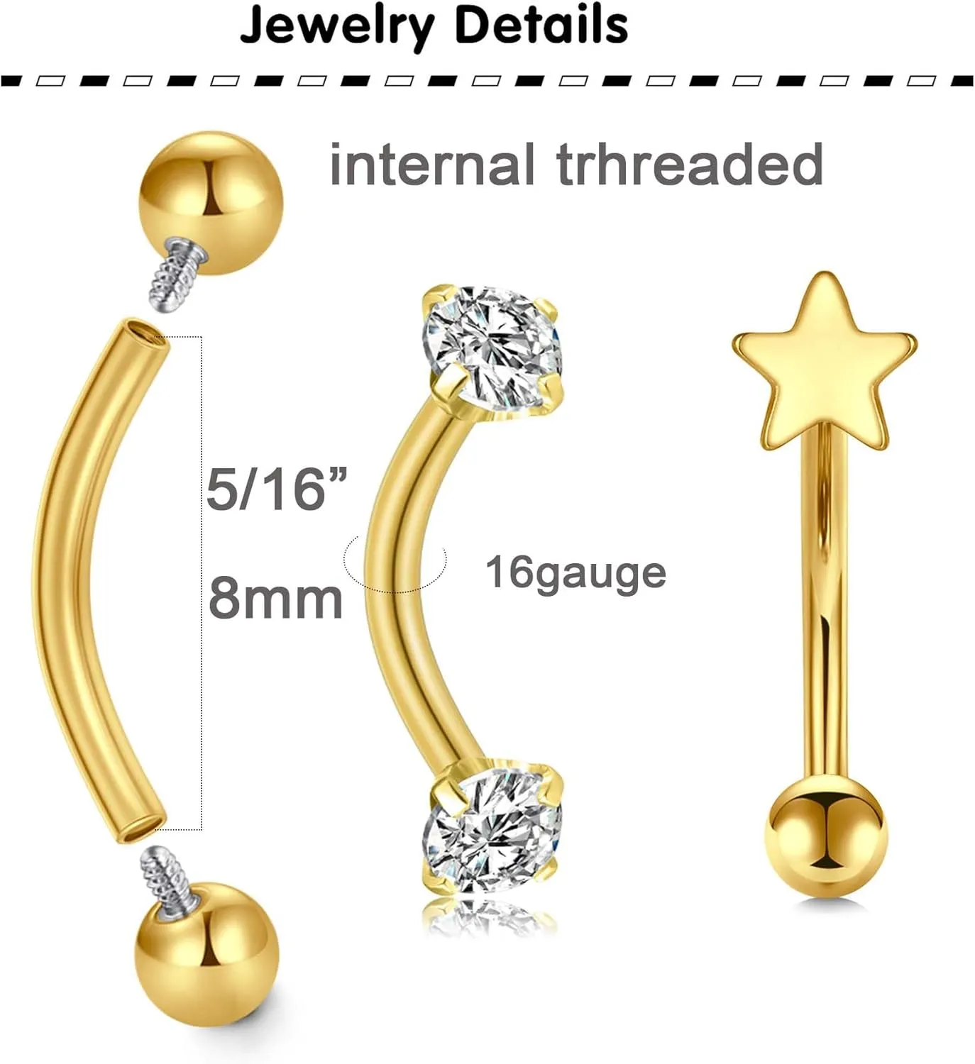 Longita Rook Piercing Jewelry Rook Jewelry Rook Earrings Surgical Steel Silver Gold Eyebrow Piercing Jewelry Internally Threaded Eyebrow Rings 16g Vertical Labret Lip Jewelry 8mm 10mm