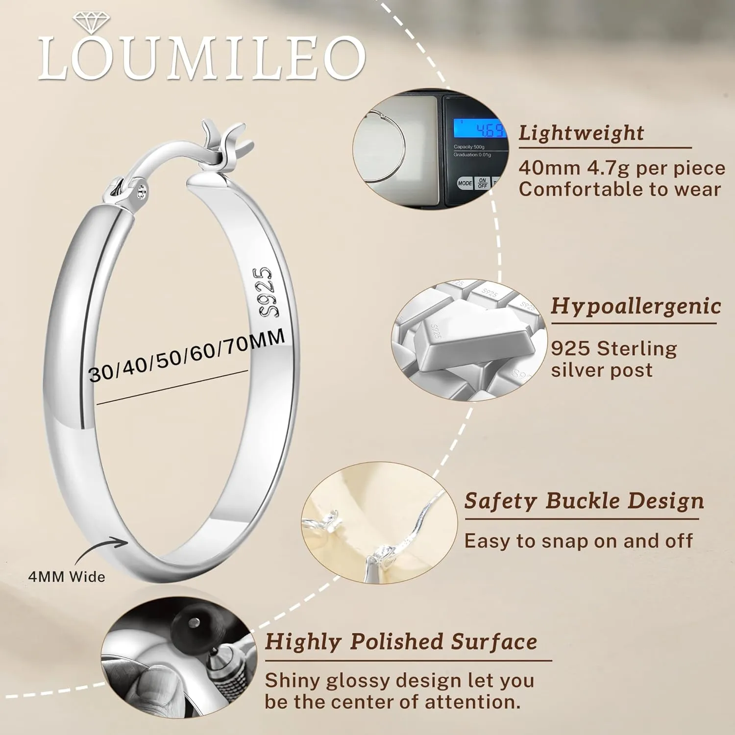 LOUMILEO 4mm Wide Large Silver Hoop Earrings Lightweight 925 Sterling Silver Hoop Earrings for Women Hypoallergenic Big Thin Hoops Earring for Women 30/40/50/60/70MM