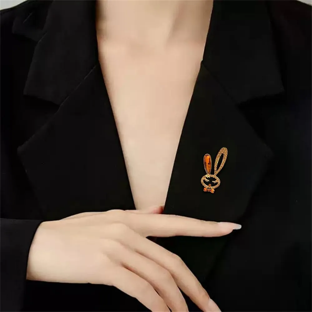 Lovely Rabbit Head Crystal Small Brooch Lapel Pins for Women Fashion Sparkly Rhinestone Cartoon Bunny Animal Bow Dainty Corsage Dress Suit Ceremony Clothes Accessories Easter Party Jewelry Gift