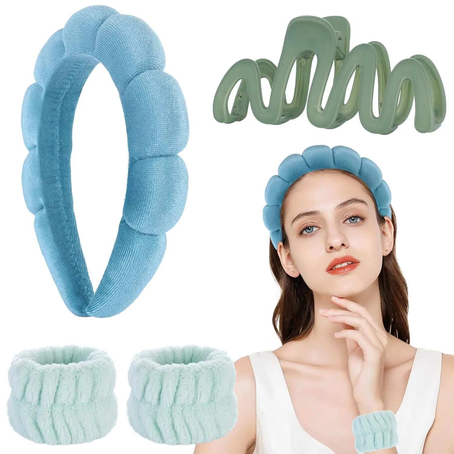 LOVNFC Spa Headband For Washing Face Green Set With 1 Makeup Headband & Hair Claw Clips & 2 Wrist Band for Women Make up Cute Fluffy Skincare Headband Valentines Day Gift Set for Girls