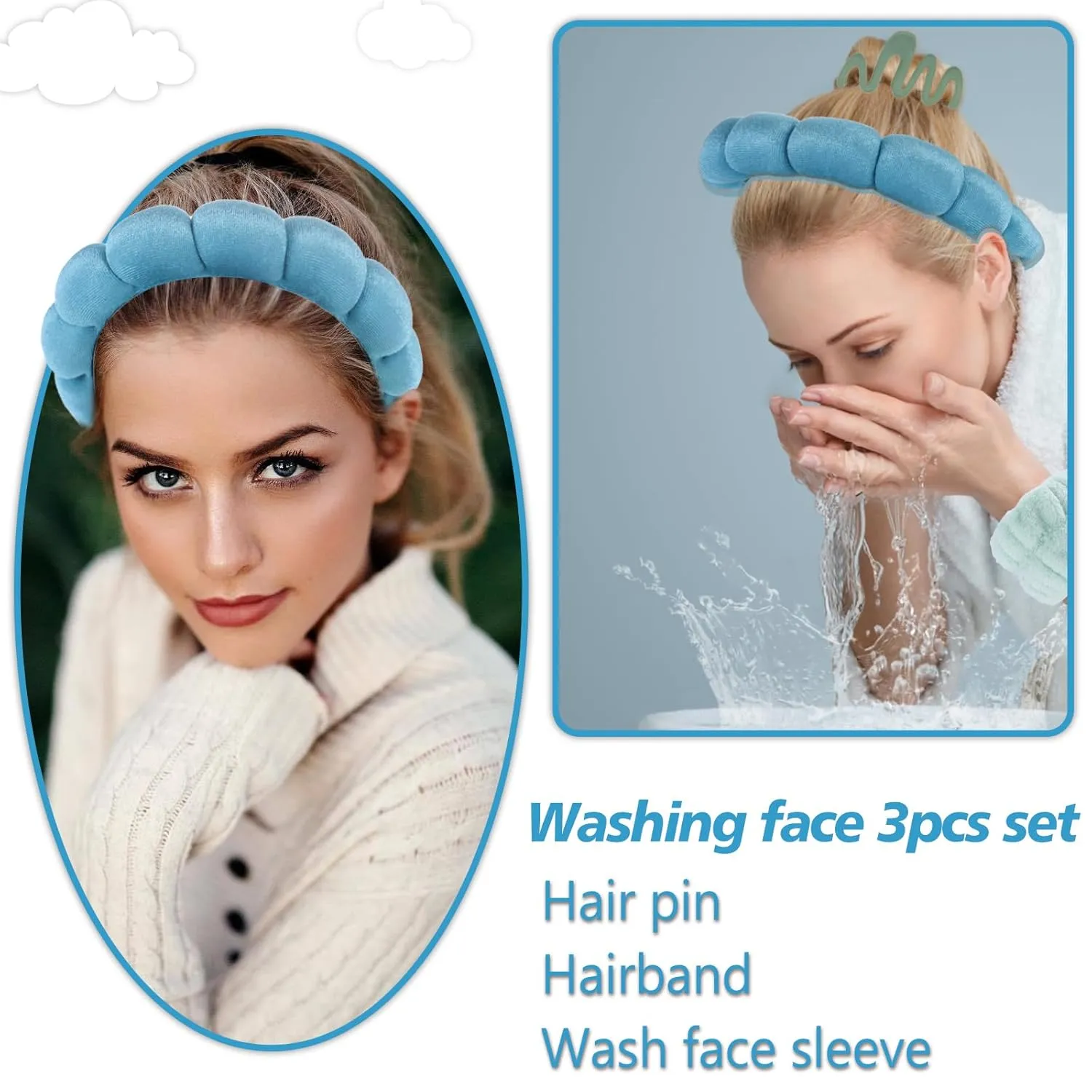 LOVNFC Spa Headband For Washing Face Green Set With 1 Makeup Headband & Hair Claw Clips & 2 Wrist Band for Women Make up Cute Fluffy Skincare Headband Valentines Day Gift Set for Girls