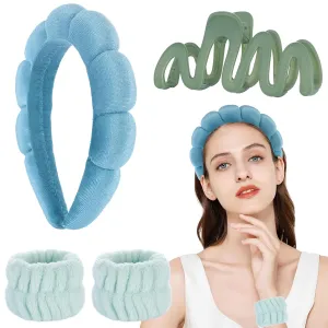 LOVNFC Spa Headband For Washing Face Green Set With 1 Makeup Headband & Hair Claw Clips & 2 Wrist Band for Women Make up Cute Fluffy Skincare Headband Valentines Day Gift Set for Girls