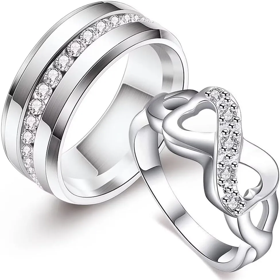 LWJYX His Hers Couples Rings Women's White Gold Filled Round CZ Infinite Symbol Love Heart Wedding Engagement Ring & Men's Stainless Steel Wedding Band