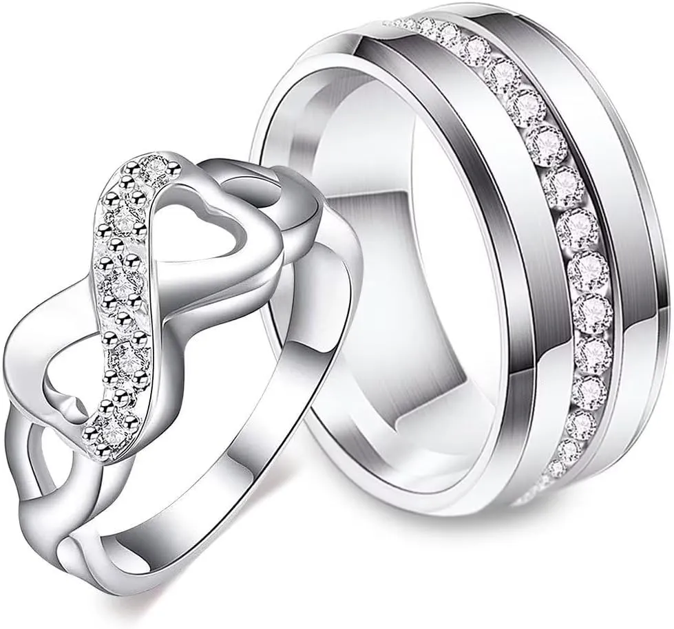 LWJYX His Hers Couples Rings Women's White Gold Filled Round CZ Infinite Symbol Love Heart Wedding Engagement Ring & Men's Stainless Steel Wedding Band