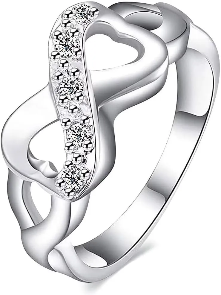 LWJYX His Hers Couples Rings Women's White Gold Filled Round CZ Infinite Symbol Love Heart Wedding Engagement Ring & Men's Stainless Steel Wedding Band