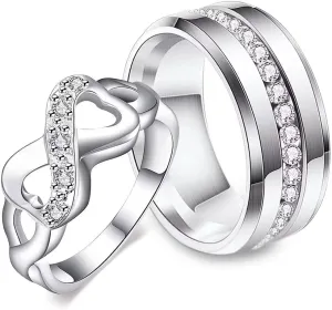 LWJYX His Hers Couples Rings Women's White Gold Filled Round CZ Infinite Symbol Love Heart Wedding Engagement Ring & Men's Stainless Steel Wedding Band