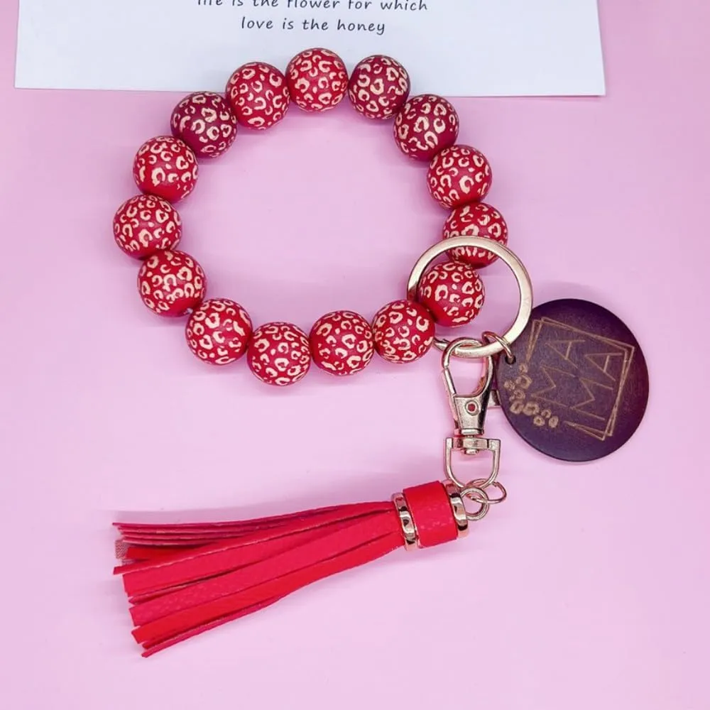 MAMA Keychain Wristlet for Women Wooden Beaded Key Chain Lanyard Bangle Wrist Chain Anti Lost Keyring