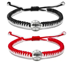 MANYC Basketball Bracelets Adjustable for Boys, Girls, and Adults Handmade Gifts for Basketball Players (Red white and Black white 2PCS)