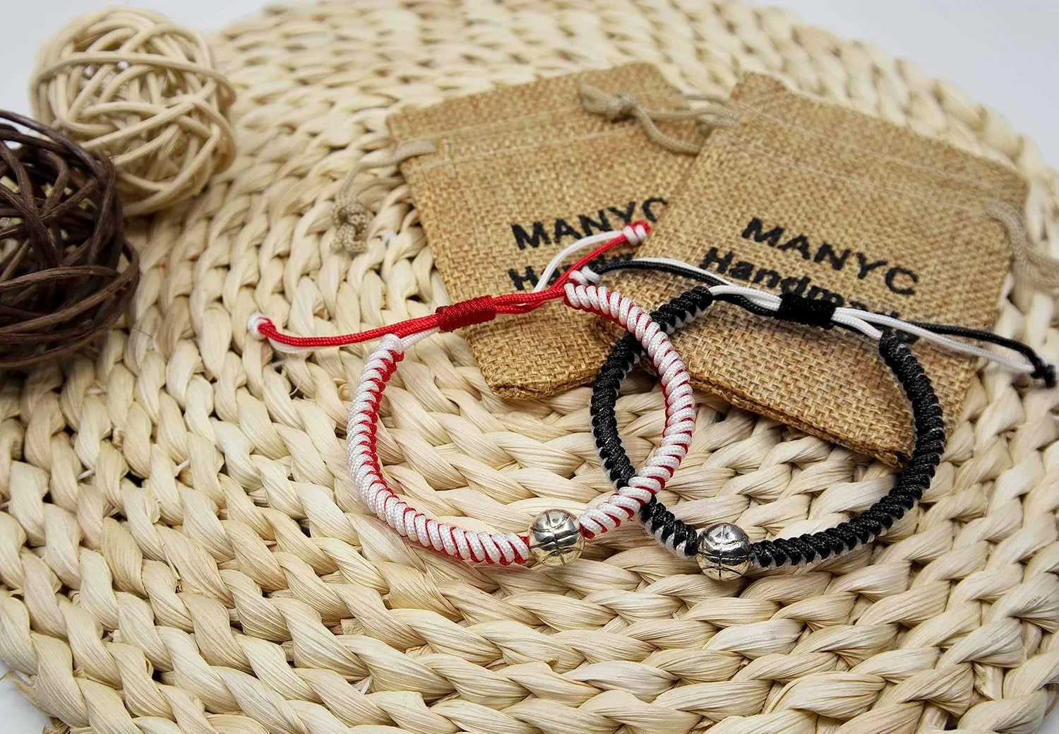 MANYC Basketball Bracelets Adjustable for Boys, Girls, and Adults Handmade Gifts for Basketball Players (Red white and Black white 2PCS)