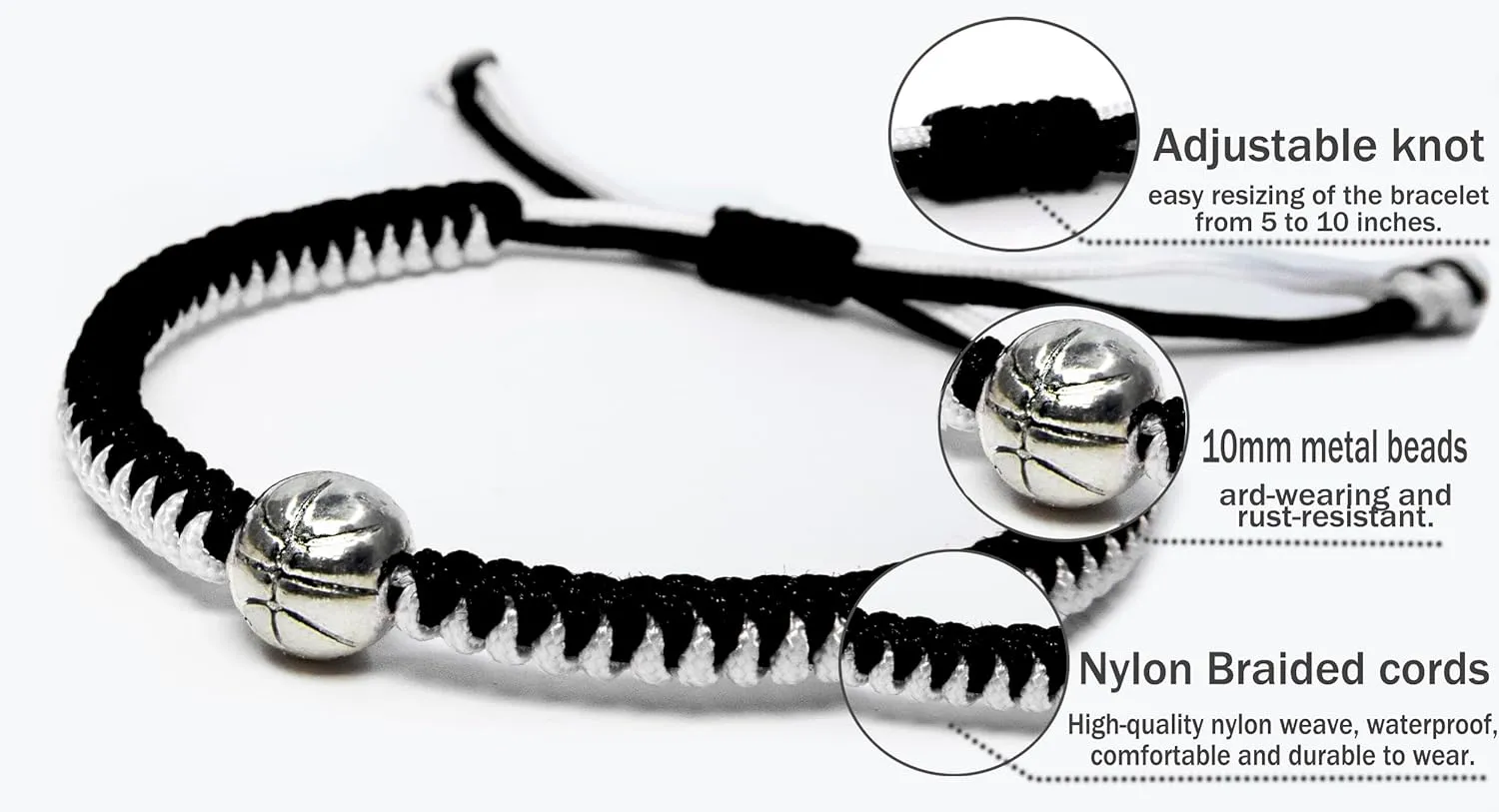 MANYC Basketball Bracelets Adjustable for Boys, Girls, and Adults Handmade Gifts for Basketball Players (Red white and Black white 2PCS)