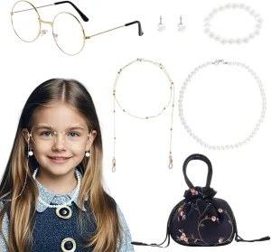 Marrywindix 6 Pcs Old Lady Costume Set Eyeglasses Glasses Chain Accessories Faux Pearl Necklace Bracelet Earring Bag for Girls 100th School Day Cosplay Dress Up