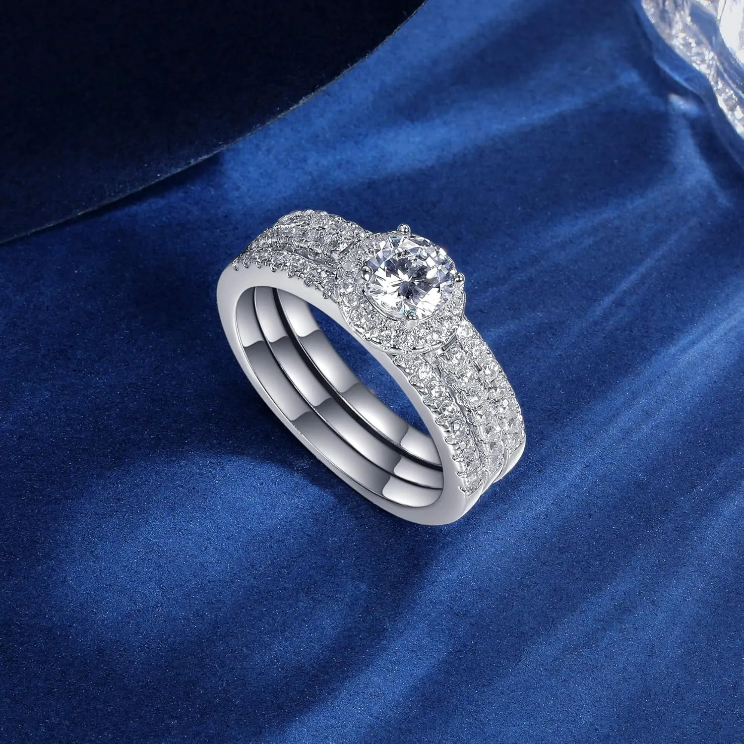 MDFUN Three-in-One Oval Halo Wedding Bands Set Engagement Rings 18K White Gold Plated Cubic Zirconia Promise Eternity Band for Women Size 5-10