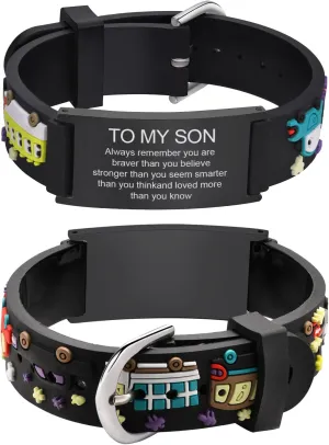 MEALGUET To My Son Bracelet Gift from Mom : Cute Always Remember You are Braver Inspirational Quote Silicone Cartoon Wristband Bracelet for Little Boys,Christmas Gifts for Kids,Stocking Stuffer
