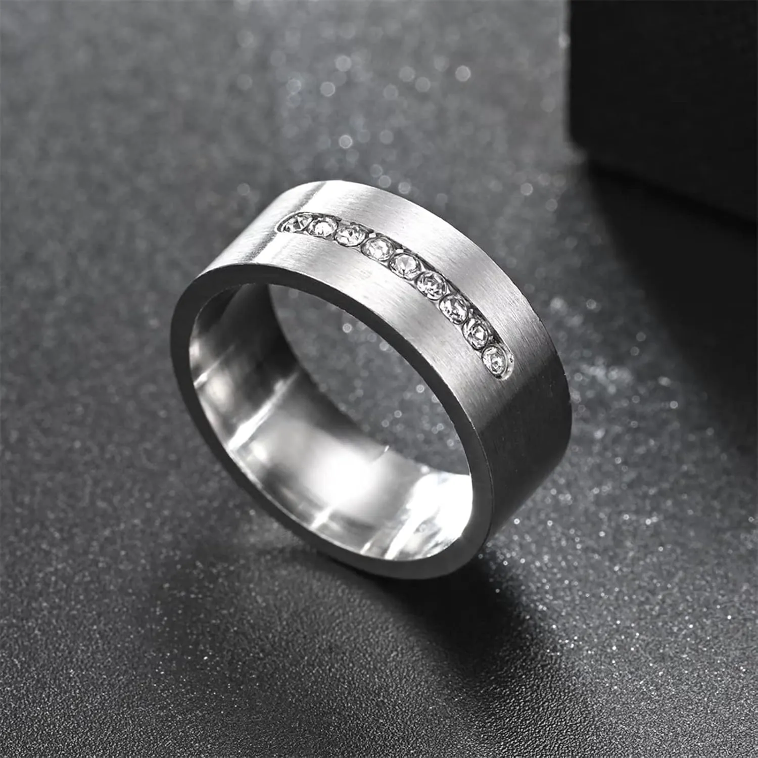 Meilord 8mm Matte Silver Inlaid Zircon Ring for Men and Women Stainless Steel Fashion Zirconia Wedding Bands Engagement Promise Couple Rings,Size6-13