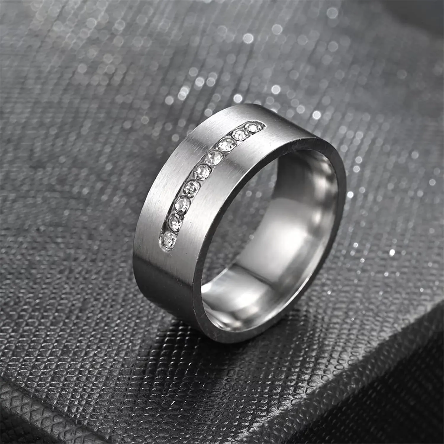 Meilord 8mm Matte Silver Inlaid Zircon Ring for Men and Women Stainless Steel Fashion Zirconia Wedding Bands Engagement Promise Couple Rings,Size6-13