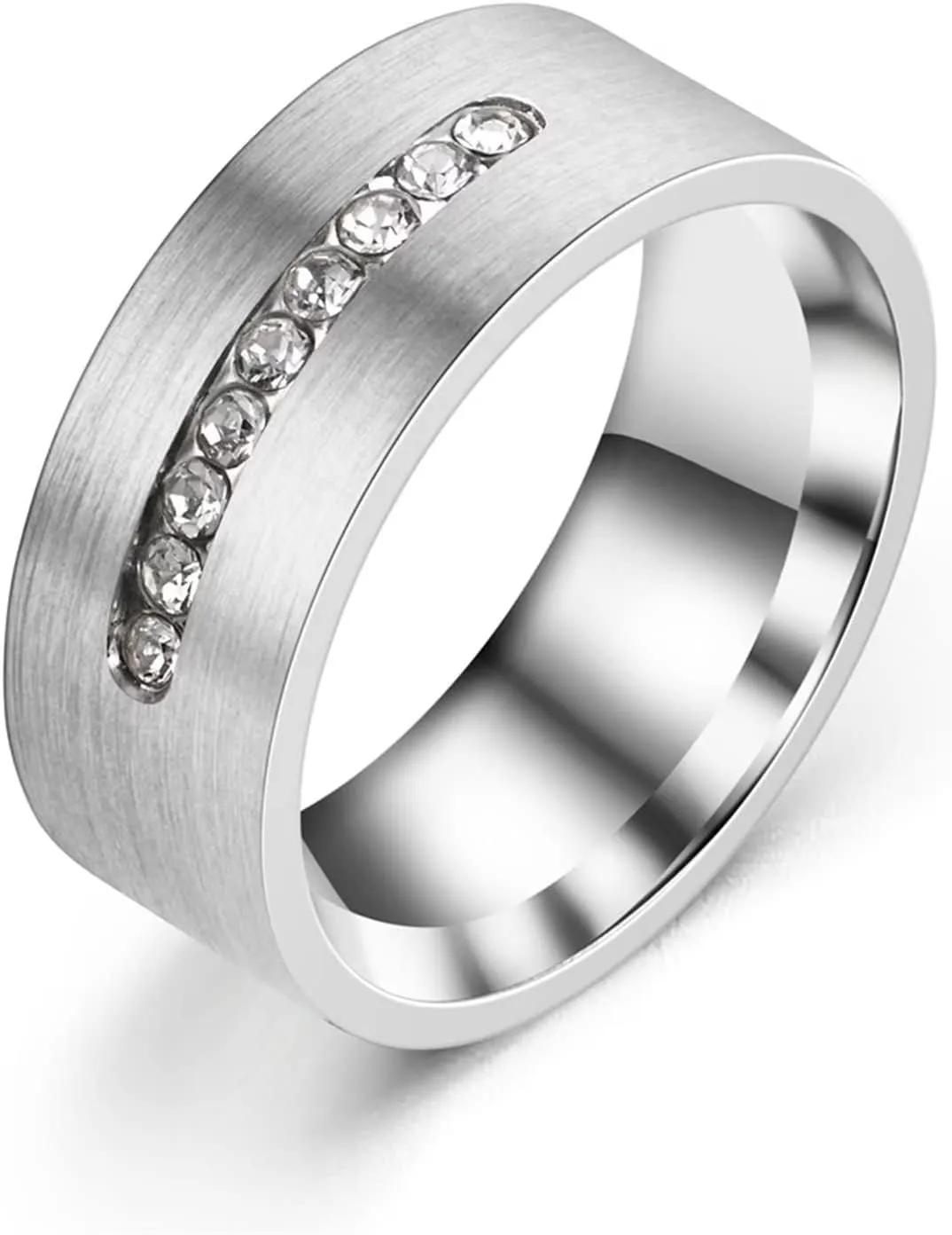 Meilord 8mm Matte Silver Inlaid Zircon Ring for Men and Women Stainless Steel Fashion Zirconia Wedding Bands Engagement Promise Couple Rings,Size6-13