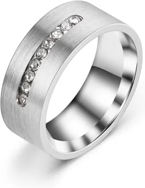 Meilord 8mm Matte Silver Inlaid Zircon Ring for Men and Women Stainless Steel Fashion Zirconia Wedding Bands Engagement Promise Couple Rings,Size6-13