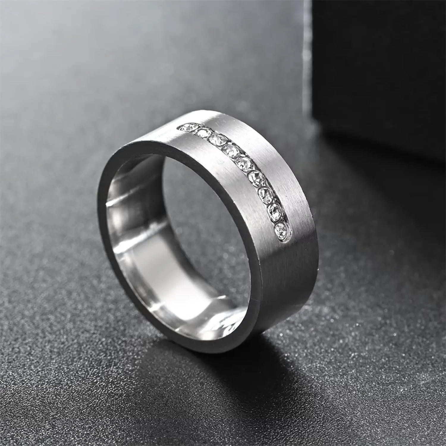 Meilord 8mm Matte Silver Inlaid Zircon Ring for Men and Women Stainless Steel Fashion Zirconia Wedding Bands Engagement Promise Couple Rings,Size6-13