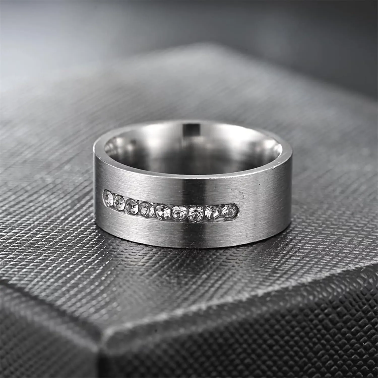 Meilord 8mm Matte Silver Inlaid Zircon Ring for Men and Women Stainless Steel Fashion Zirconia Wedding Bands Engagement Promise Couple Rings,Size6-13