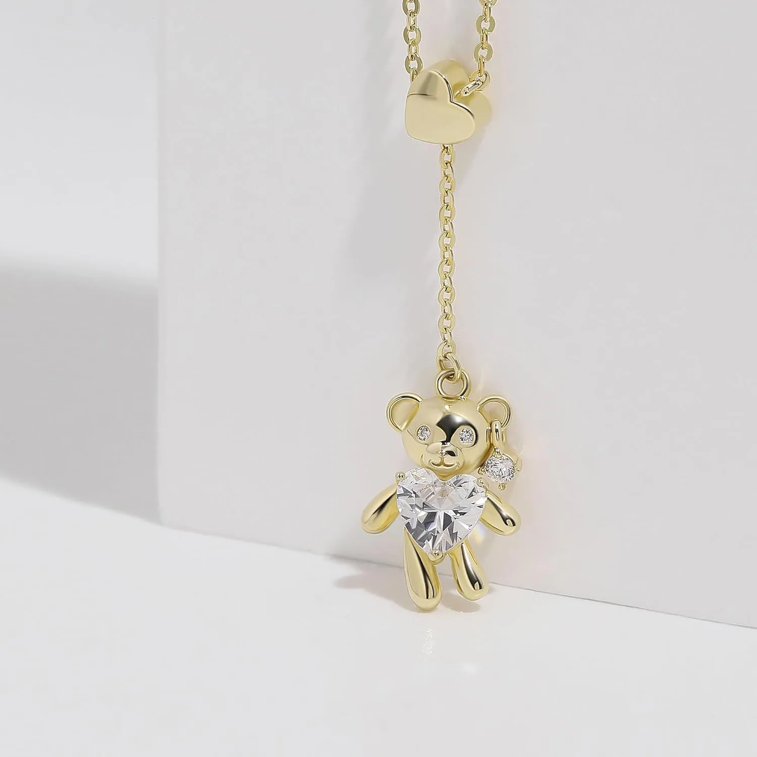 Meissa Bear Necklace for Women, Daughter Necklace Gift, Cute Teddy Bear Larriat Y Charm Necklace, Heart Daimond Pendant Dainty Cute Annimal Handmade Jewelry Gift for Birthday Graduation for Girls