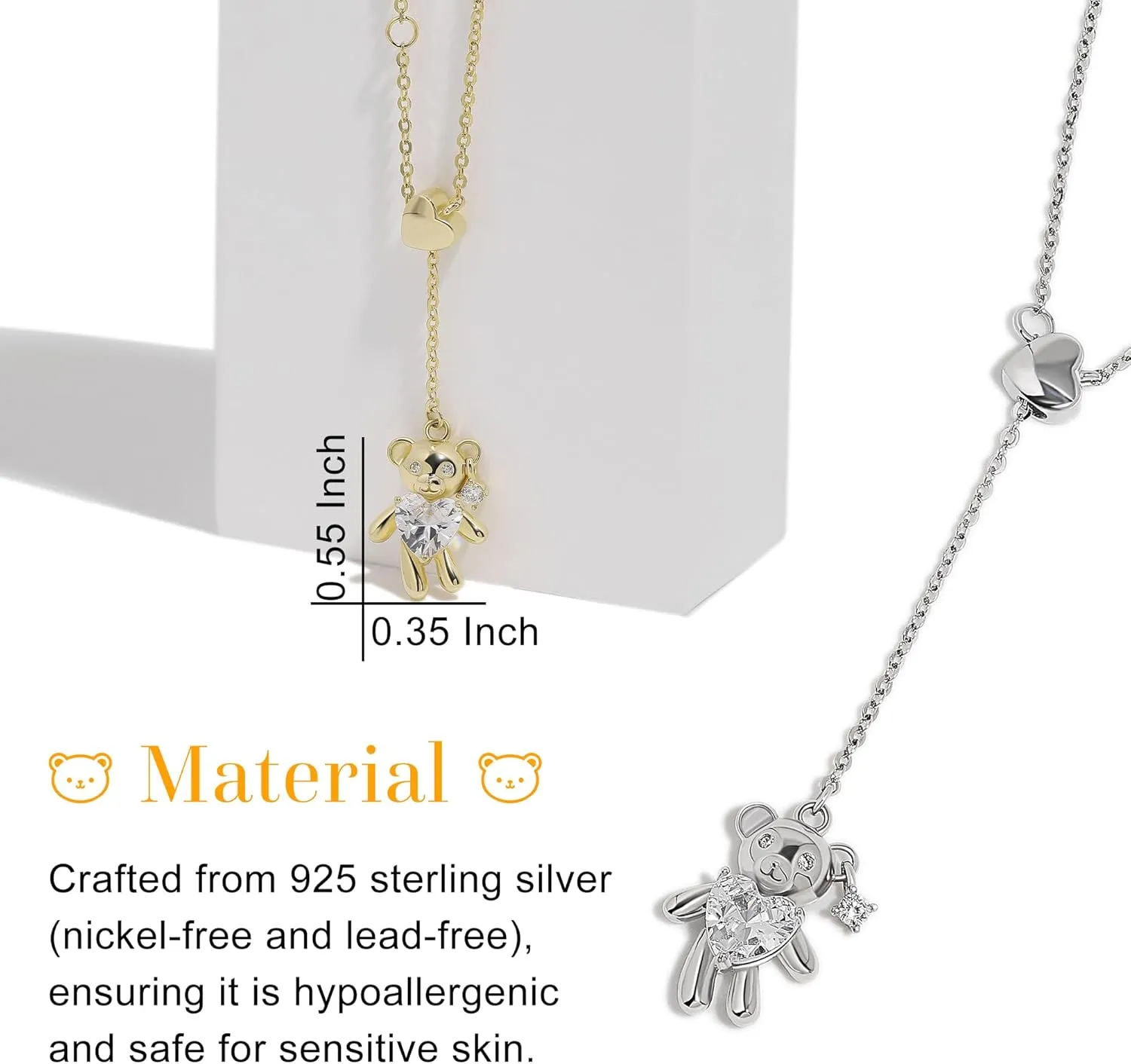 Meissa Bear Necklace for Women, Daughter Necklace Gift, Cute Teddy Bear Larriat Y Charm Necklace, Heart Daimond Pendant Dainty Cute Annimal Handmade Jewelry Gift for Birthday Graduation for Girls