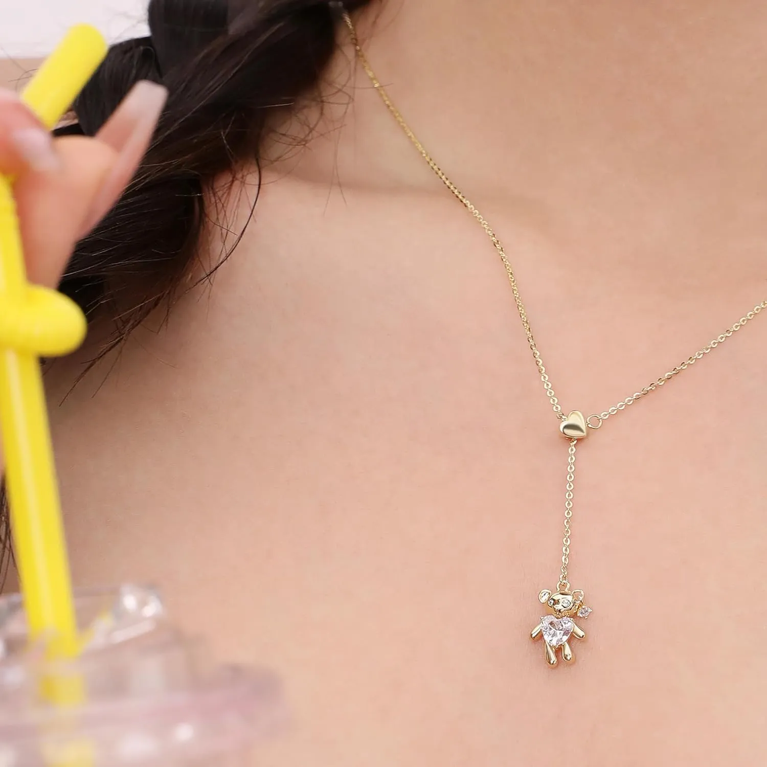 Meissa Bear Necklace for Women, Daughter Necklace Gift, Cute Teddy Bear Larriat Y Charm Necklace, Heart Daimond Pendant Dainty Cute Annimal Handmade Jewelry Gift for Birthday Graduation for Girls