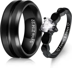 MeMeDIY Personalized Stainless Steel Couples Rings Set, Engraved Names Promise Rings with Heart Gemstone, Gift Bag Included