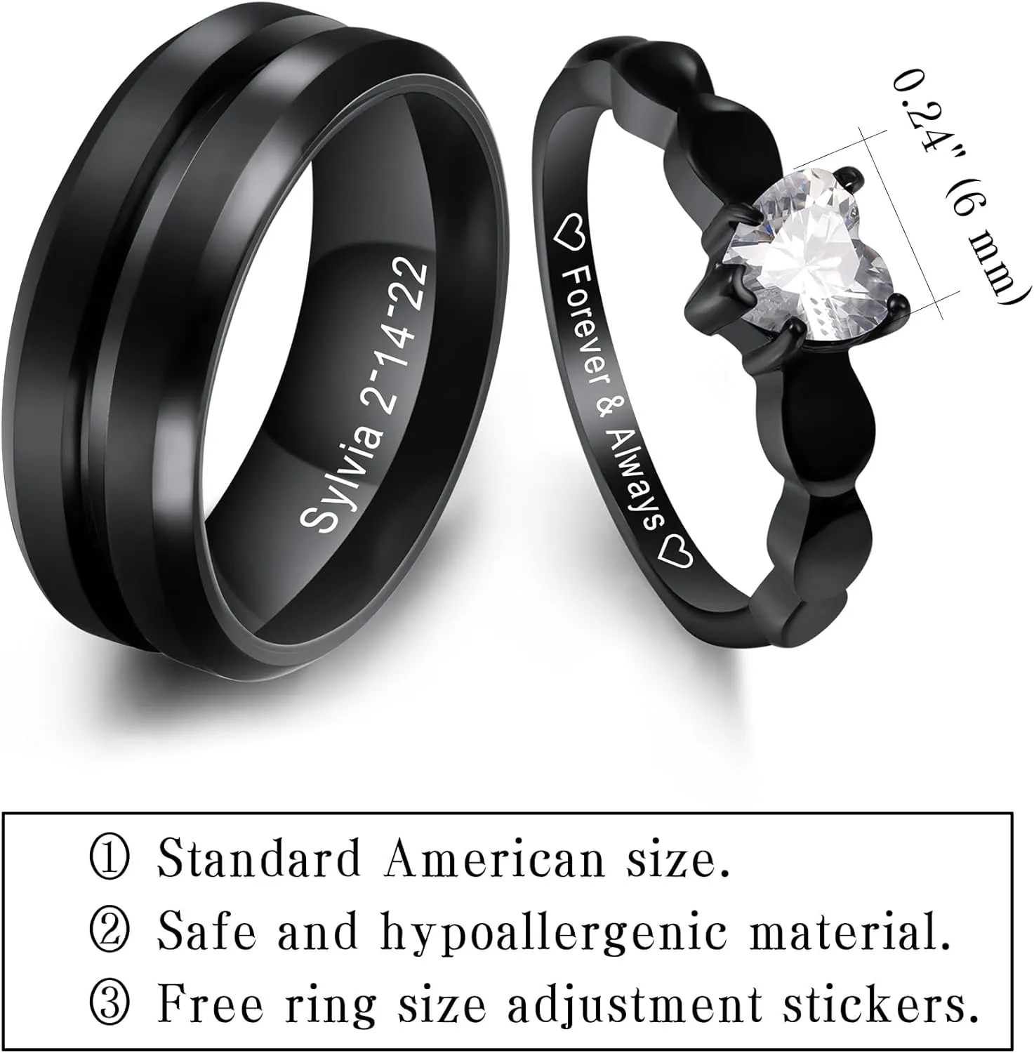 MeMeDIY Personalized Stainless Steel Couples Rings Set, Engraved Names Promise Rings with Heart Gemstone, Gift Bag Included