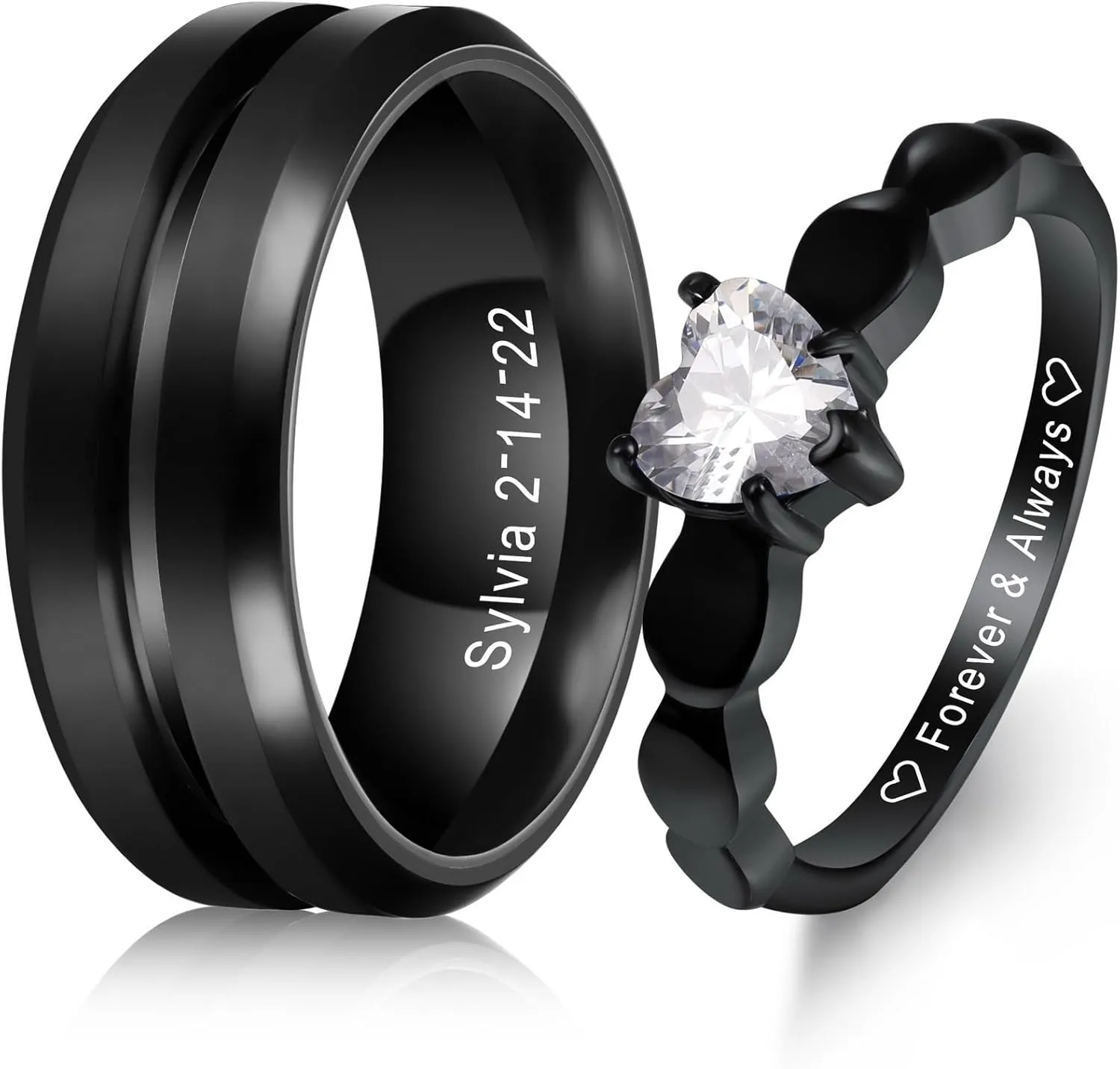 MeMeDIY Personalized Stainless Steel Couples Rings Set, Engraved Names Promise Rings with Heart Gemstone, Gift Bag Included