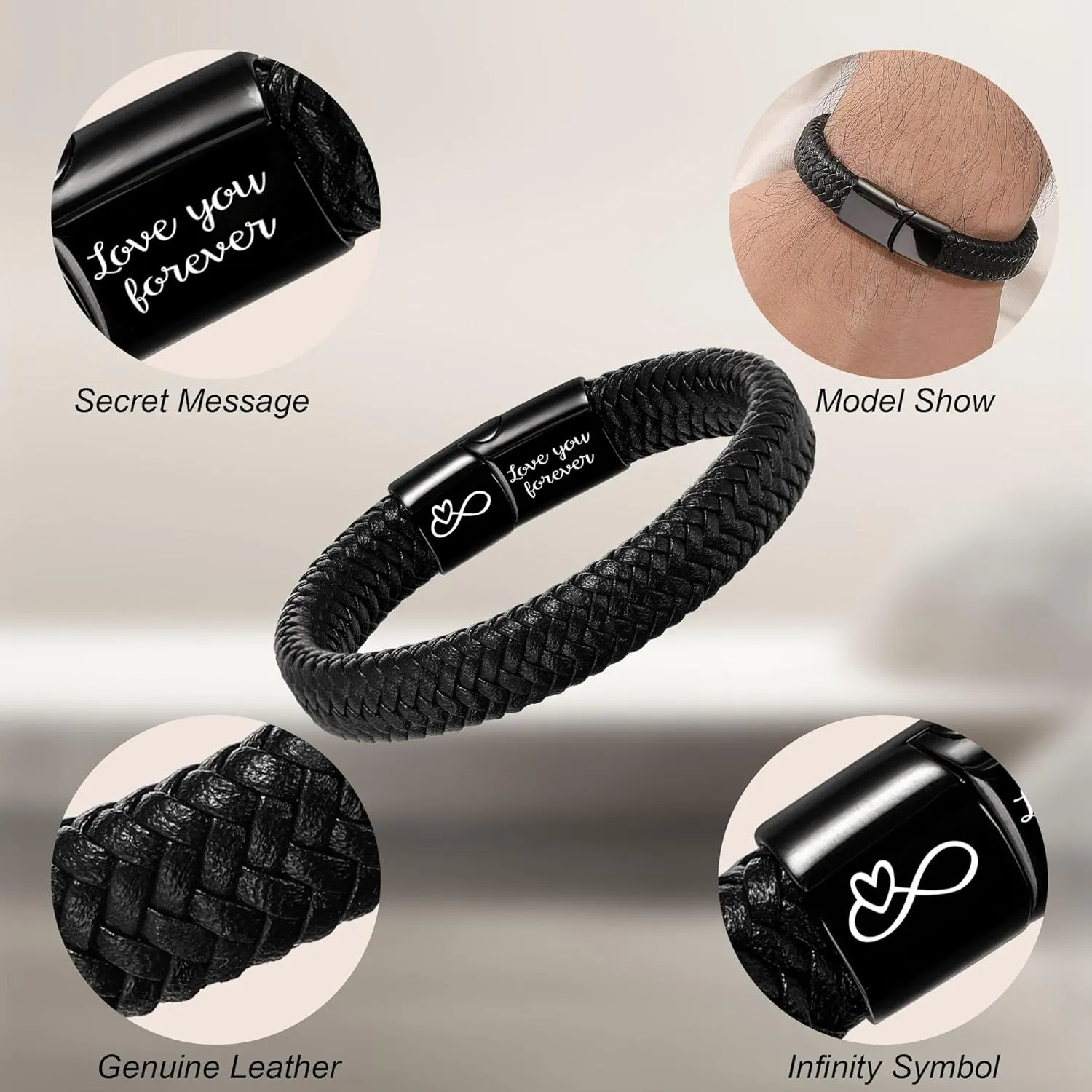 Mens Leather Bracelet I Love You Gifts for Him Men Bracelet Anniversary Fathers Day Birthday Gifts for Dad 2025 Graduation Gifts for Him Husband Boyfriend Son Godson Infinity Engraved Jewelry