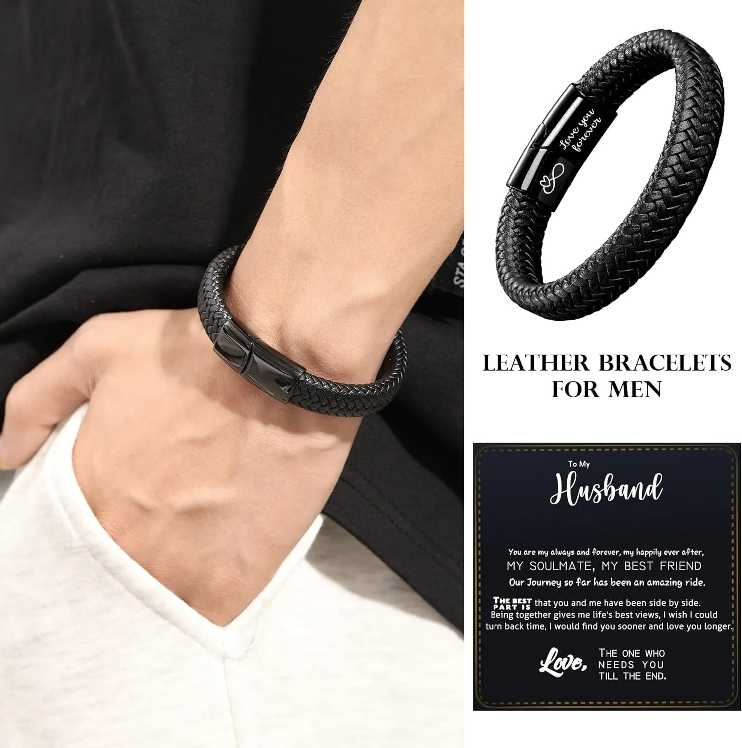 Mens Leather Bracelet I Love You Gifts for Him Men Bracelet Anniversary Fathers Day Birthday Gifts for Dad 2025 Graduation Gifts for Him Husband Boyfriend Son Godson Infinity Engraved Jewelry