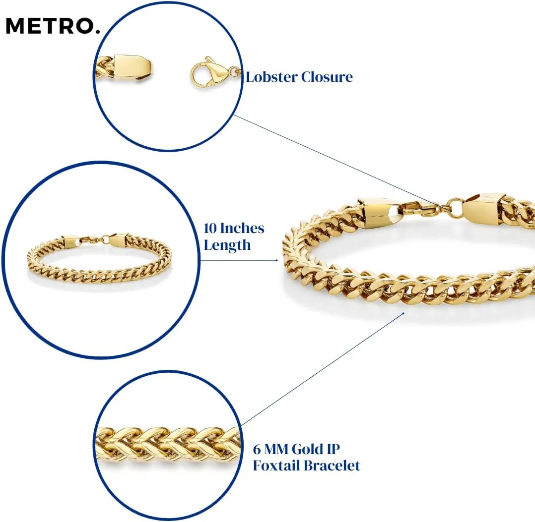 Metro Jewelry 9 to 10 Inches Long Thick Foxtail Bracelet for Men in Stainless Steel with Gold Ion Plating and Lobster Claw 6 mm Wide