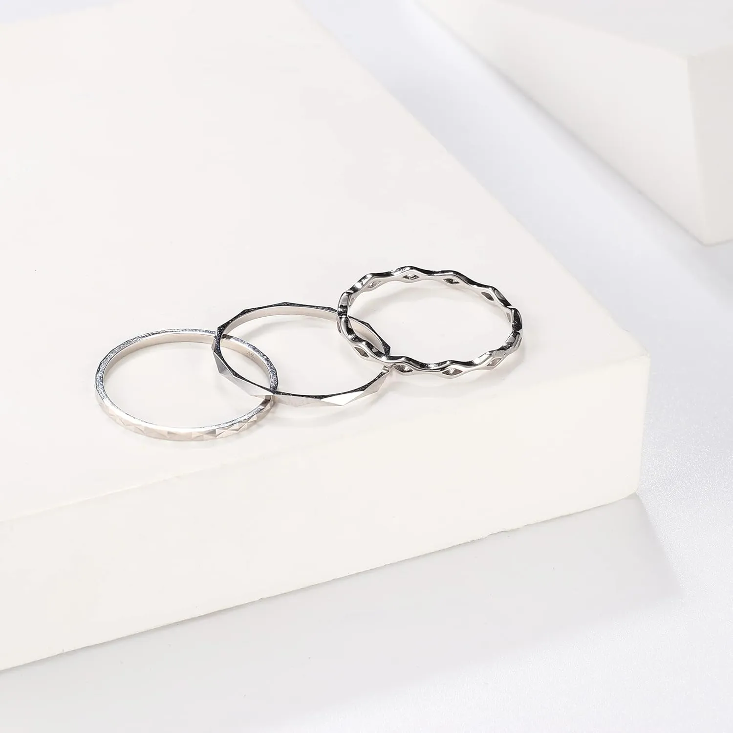 MILACOLATO 3Pcs 925 Sterling Silver Rings for Women Men 18K White Gold Plated Plain Band Knuckle Stacking Thumb Rings Diamond-Cut Wave Stackable Ring Set Comfort Fit Size 5 to 10