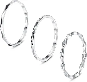 MILACOLATO 3Pcs 925 Sterling Silver Rings for Women Men 18K White Gold Plated Plain Band Knuckle Stacking Thumb Rings Diamond-Cut Wave Stackable Ring Set Comfort Fit Size 5 to 10