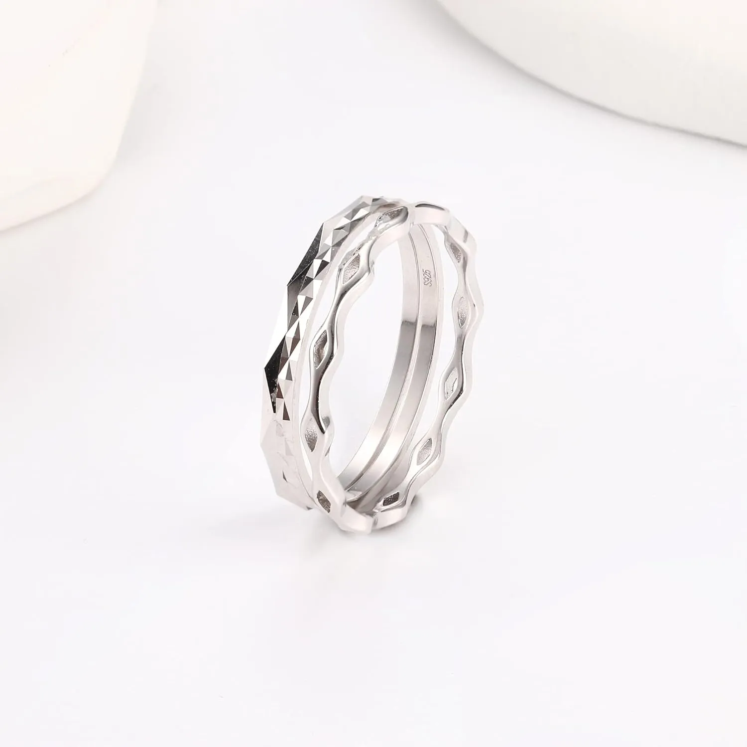 MILACOLATO 3Pcs 925 Sterling Silver Rings for Women Men 18K White Gold Plated Plain Band Knuckle Stacking Thumb Rings Diamond-Cut Wave Stackable Ring Set Comfort Fit Size 5 to 10