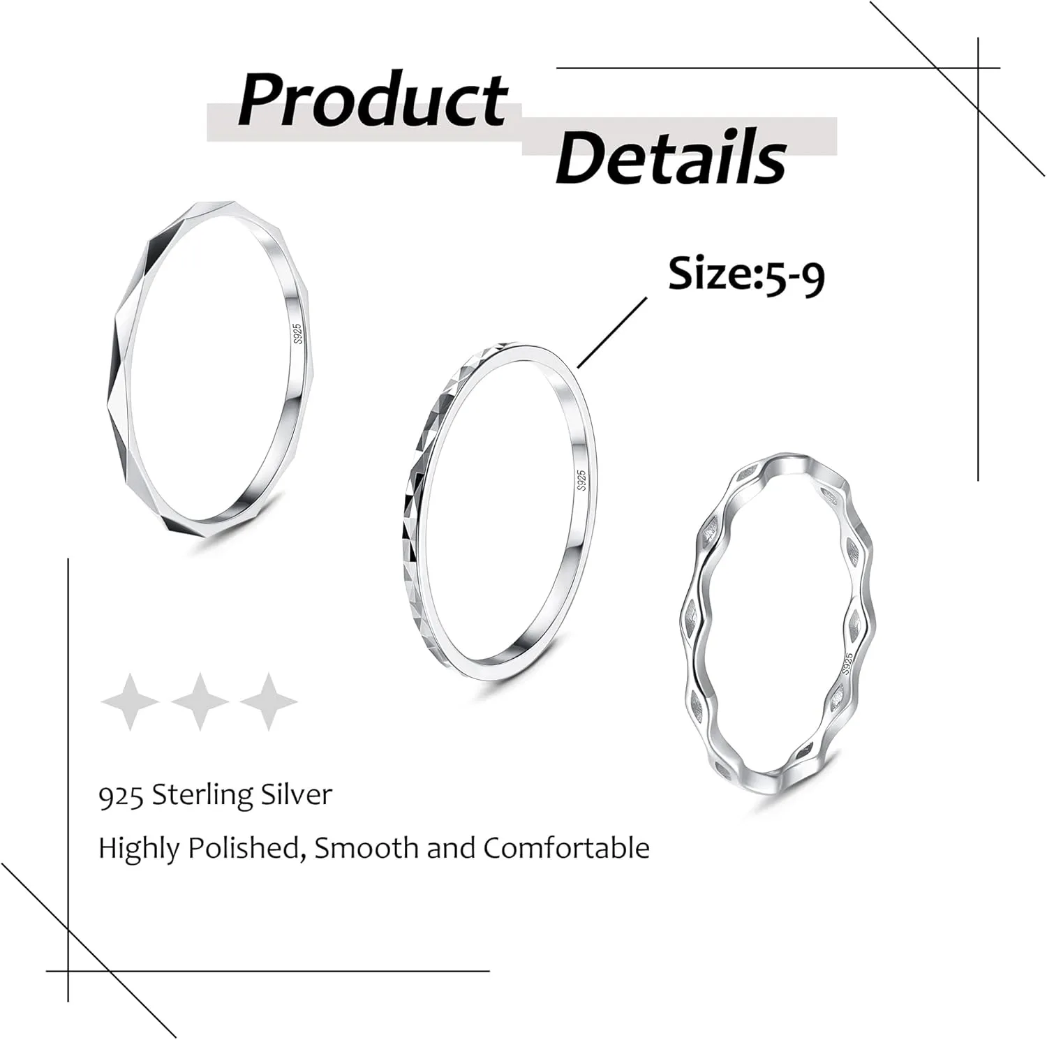 MILACOLATO 3Pcs 925 Sterling Silver Rings for Women Men 18K White Gold Plated Plain Band Knuckle Stacking Thumb Rings Diamond-Cut Wave Stackable Ring Set Comfort Fit Size 5 to 10