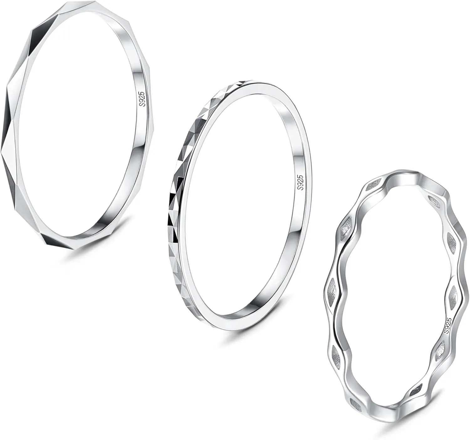 MILACOLATO 3Pcs 925 Sterling Silver Rings for Women Men 18K White Gold Plated Plain Band Knuckle Stacking Thumb Rings Diamond-Cut Wave Stackable Ring Set Comfort Fit Size 5 to 10