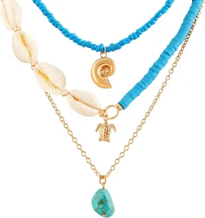 MINACHI 3-Pieces Shell Rice Beads Necklace, Multi Layer, Turtle Snail and Created Turquoise Bead Pendant, Boho Style Jewelry for Women