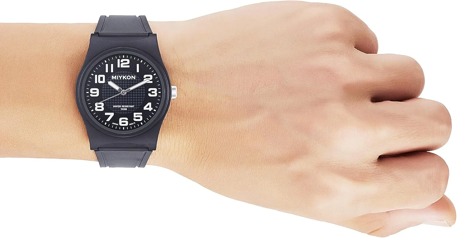 Miykon Waterproof Watches for Men | Casual Black Easy Reader Analog Watch | Lightweight Shockproof Resin, Luminous Hands and Second Hand, Japanese Quartz with 4 Year Battery Life, 100M Water Resistant