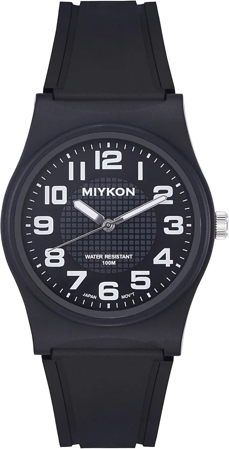 Miykon Waterproof Watches for Men | Casual Black Easy Reader Analog Watch | Lightweight Shockproof Resin, Luminous Hands and Second Hand, Japanese Quartz with 4 Year Battery Life, 100M Water Resistant